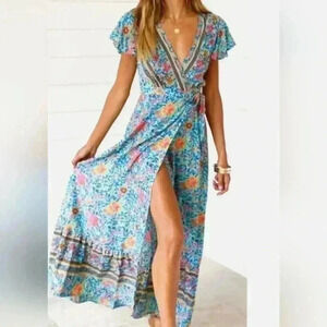 R. Vivimos Boho Floral V neck Maxi Wrap Dress Small D629.916